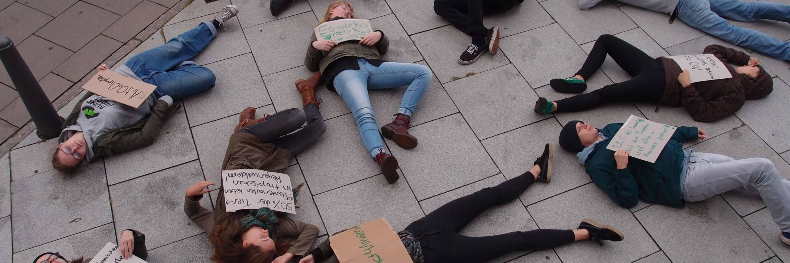 Aktivistengruppe bei einer Klima-Protestaktion auf dem Boden liegend.